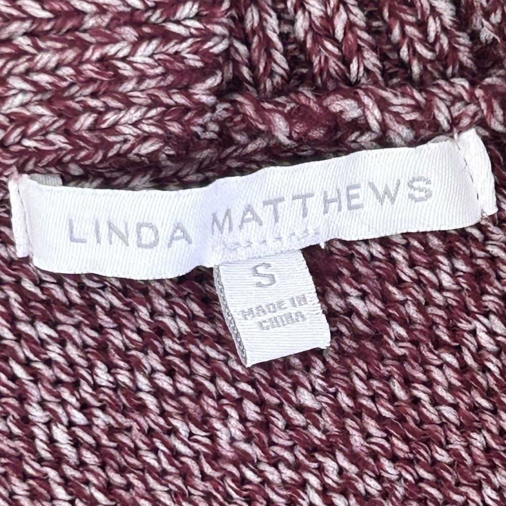 Linda Matthews Burgundy Marled Cable Knit Open Front Longline Cardigan Small